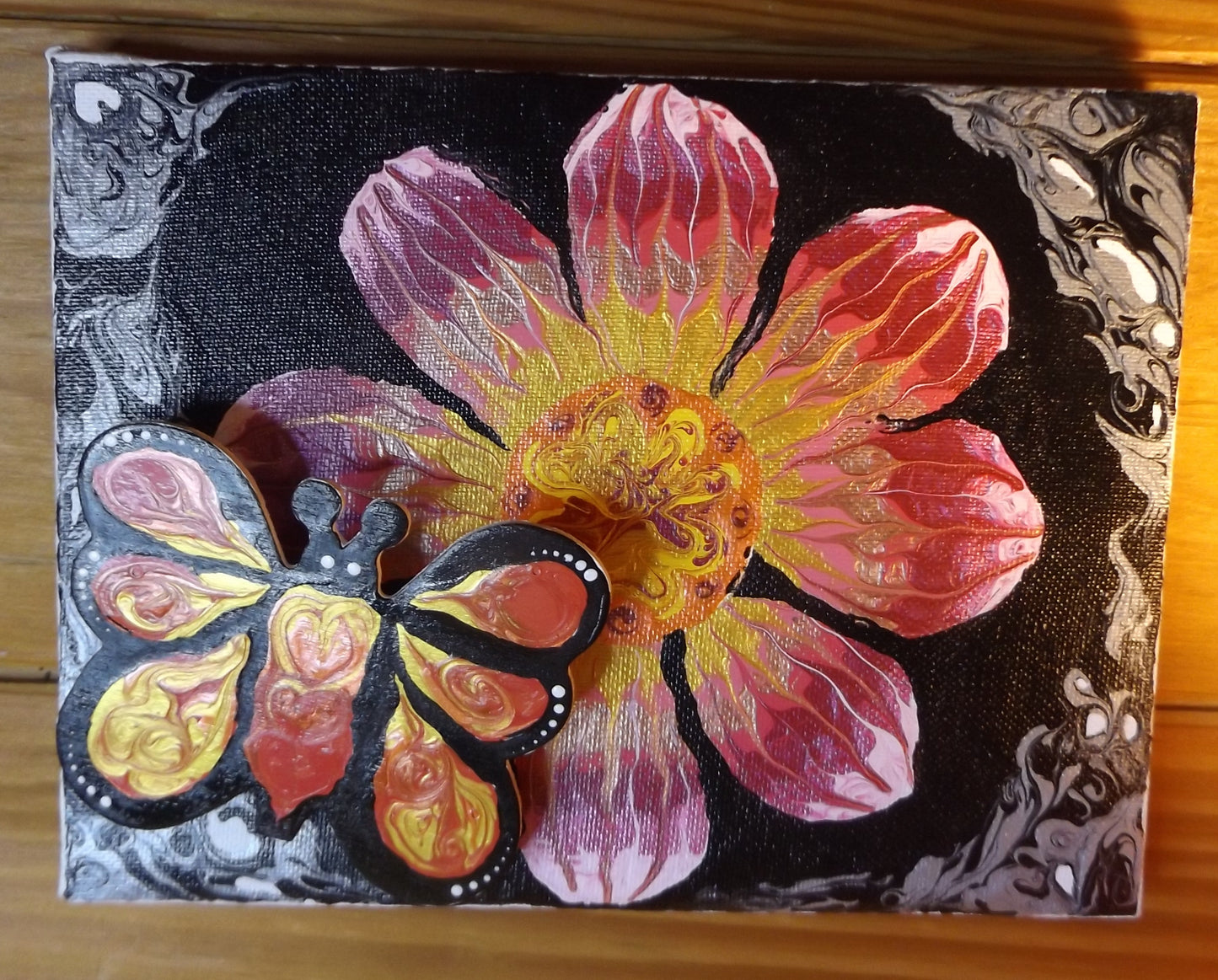 Painting on Canvas Floating Butterfly on Pink Flower