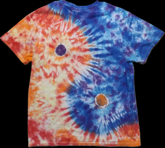 Yin-yang Tie-dye Large Crew Neck T-shirt Blue and Orange