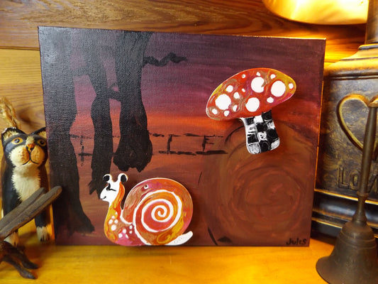 Painting on Canvas Floating Snail and Mushroom