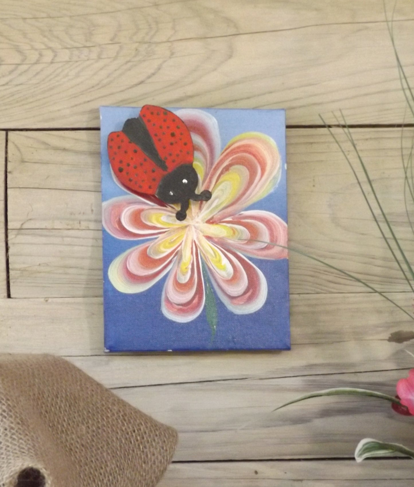 Painting on canvas 6x8 Floating Ladybug