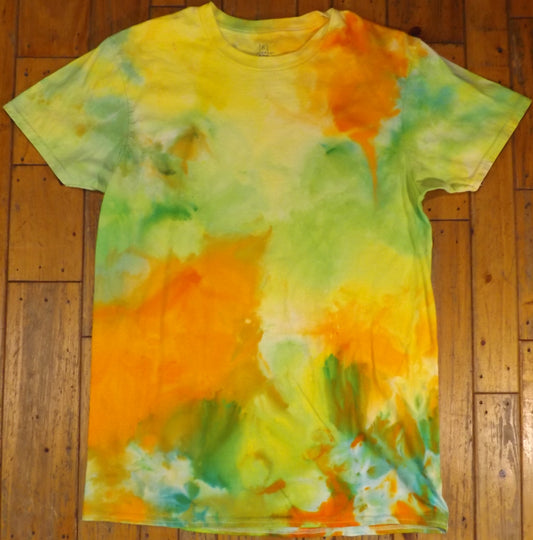 Ice Tie-dye Medium Crew Neck T-shirt Green and Orange Ice