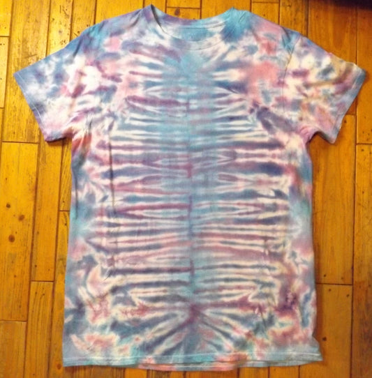 Mirror Tie-dye Large Crew Neck T-shirt Aqua and Purple Stripes