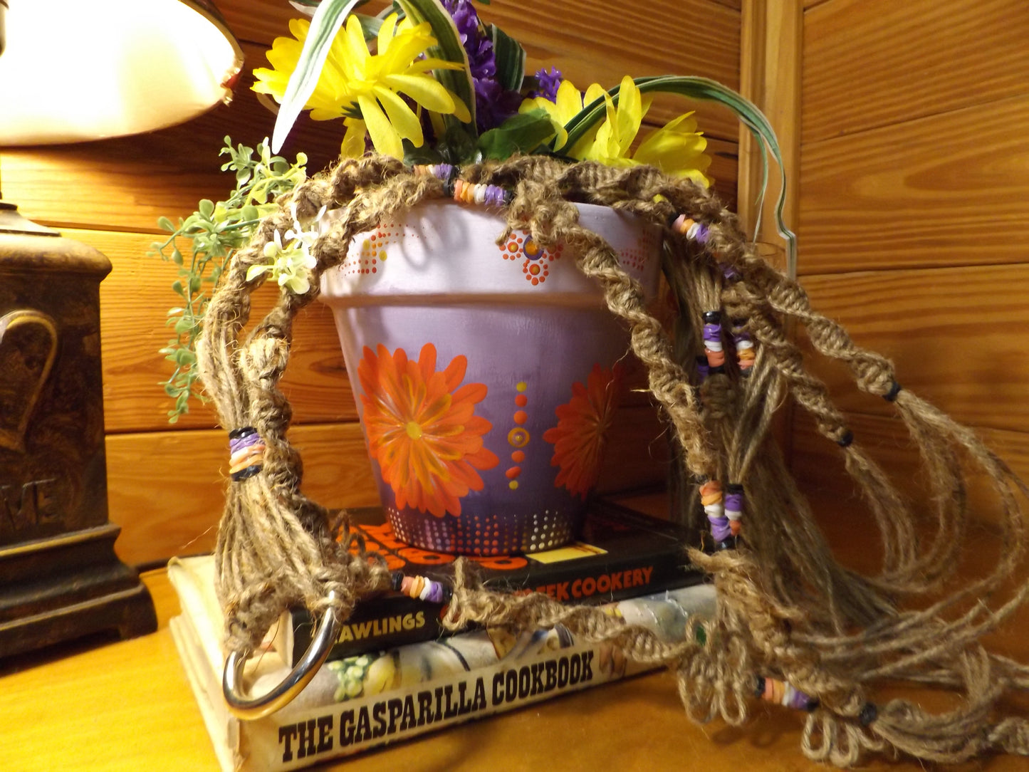 Painted Pot and Macrame Purple and Orange