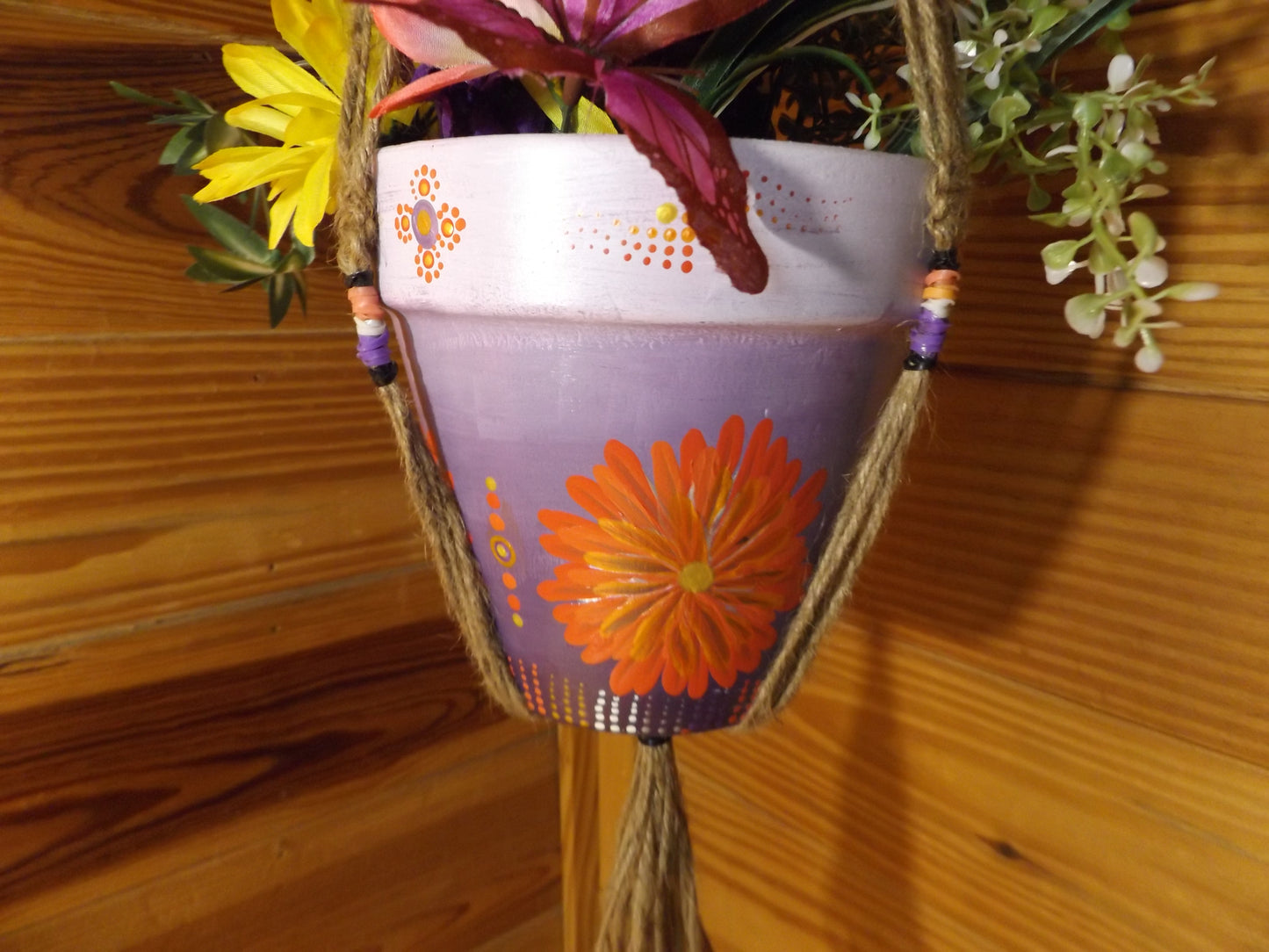 Painted Pot and Macrame Purple and Orange