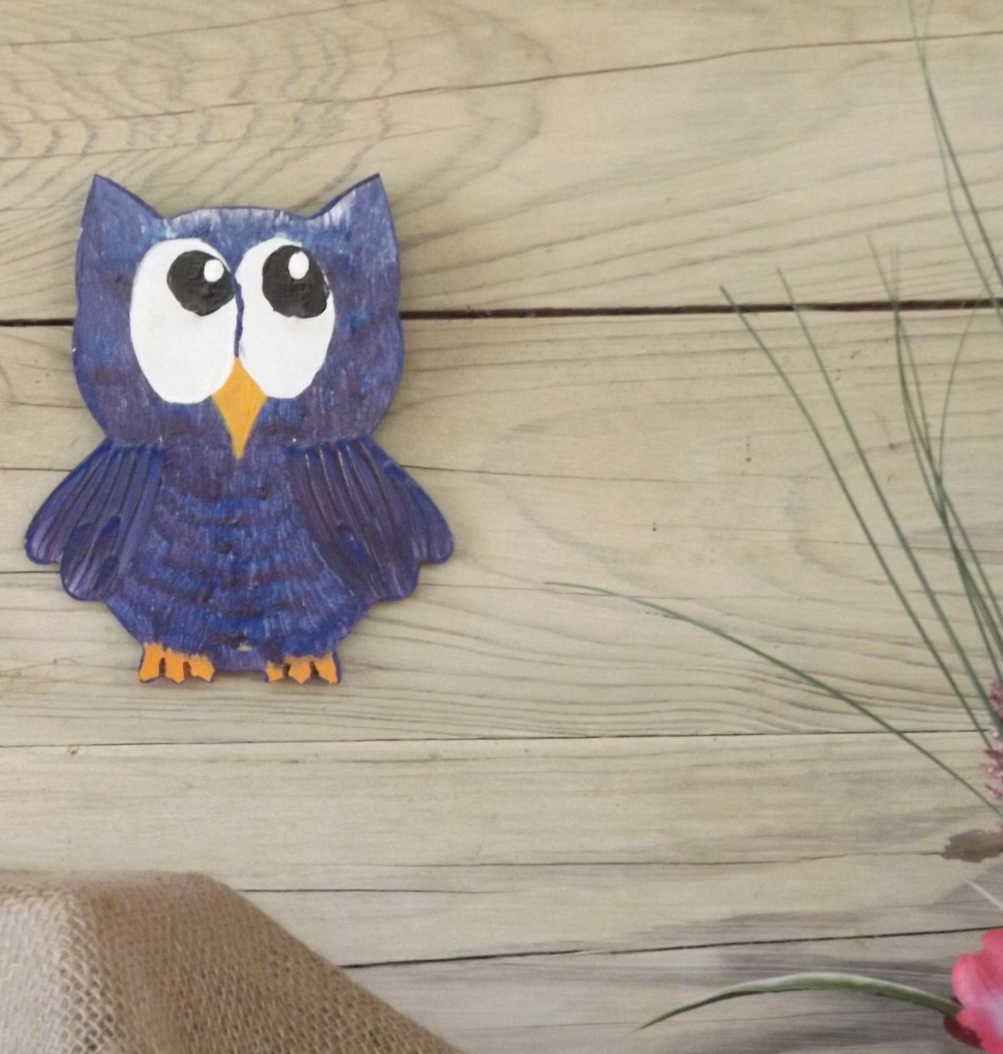 Painting on wood cutout 5 1/2 x 6 1/2 Blue Owl