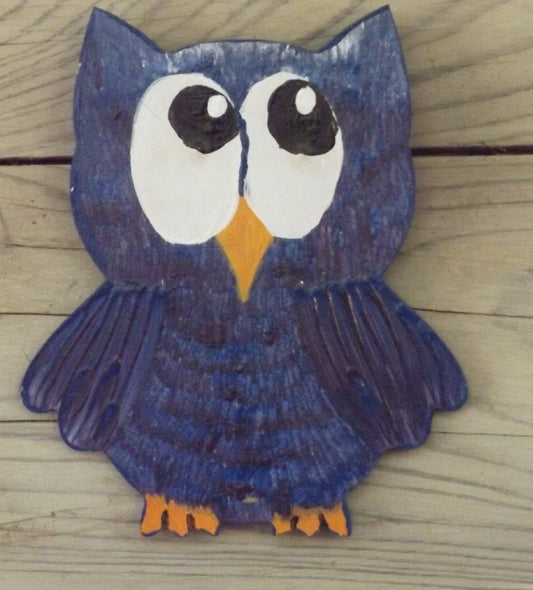 Painting on wood cutout 5 1/2 x 6 1/2 Blue Owl