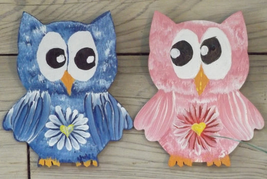 Painting on wood cutout 5 1/2 x 6 1/2 Owl Pair