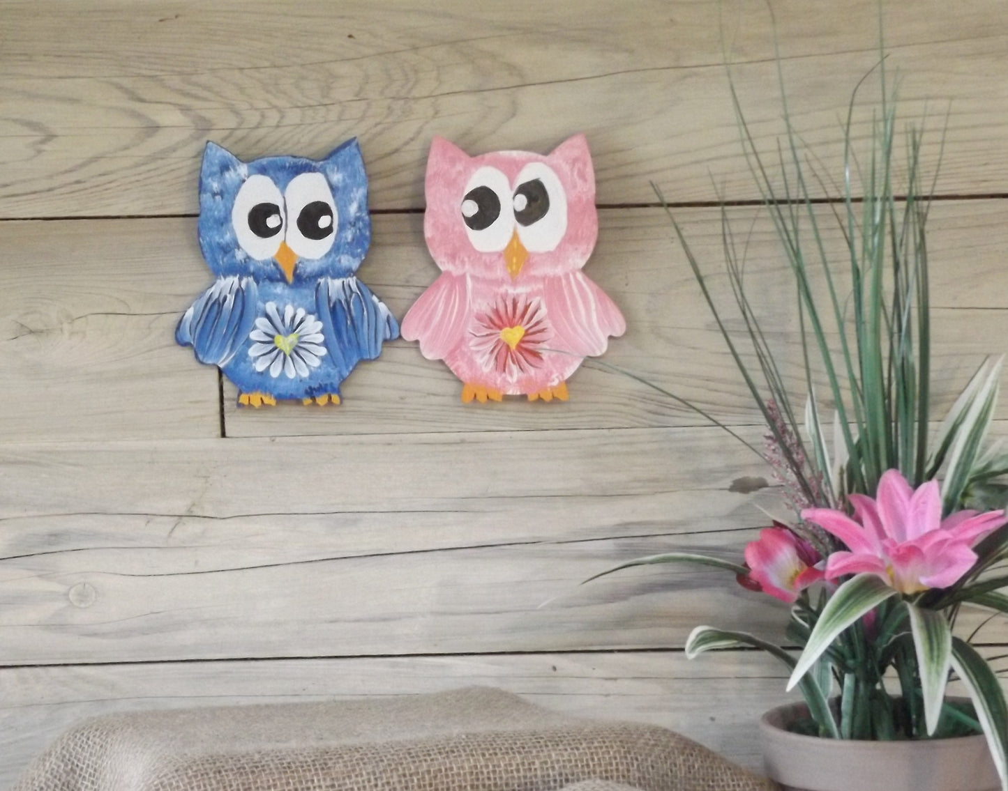 Painting on wood cutout 5 1/2 x 6 1/2 Owl Pair