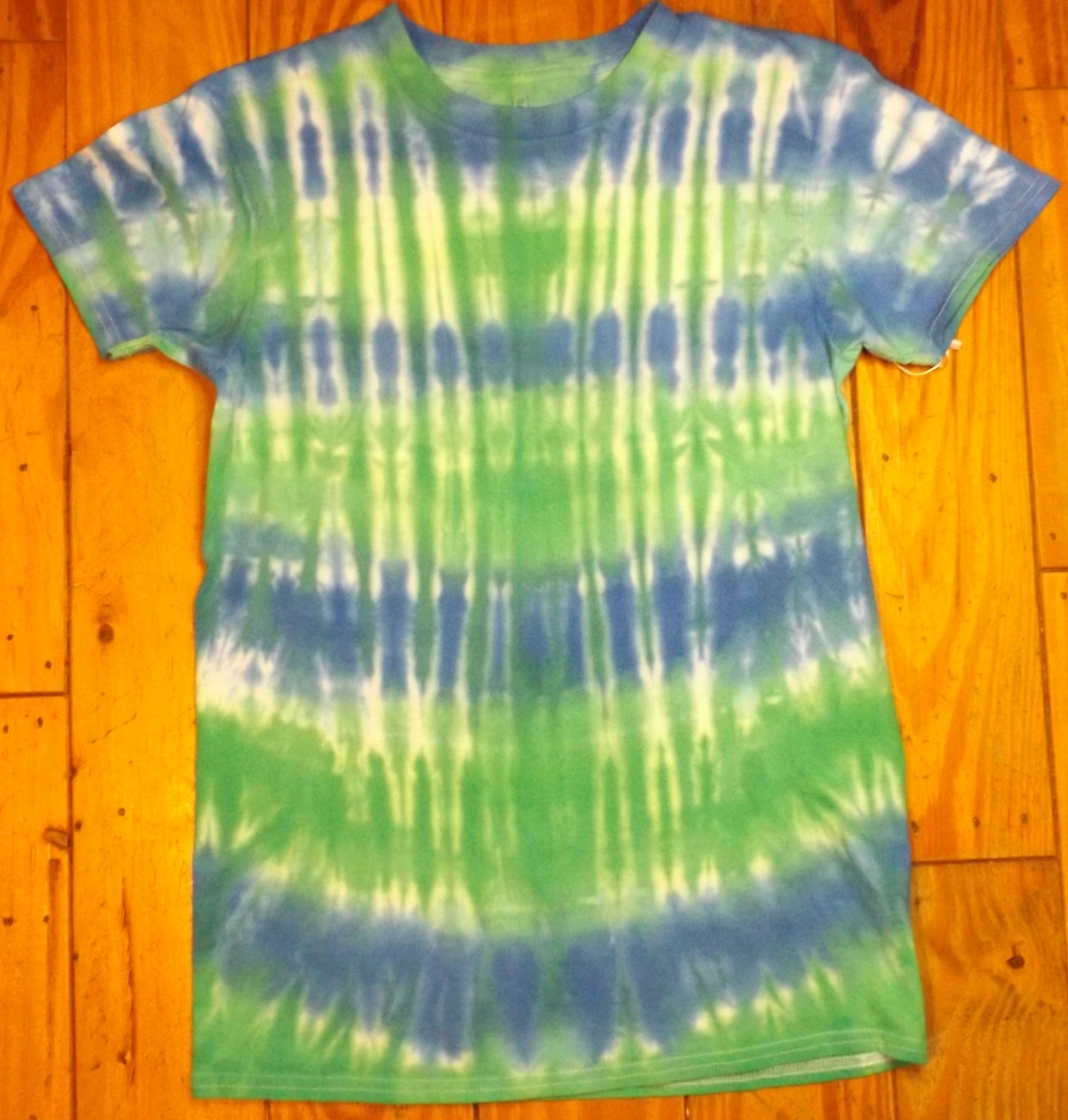 Stripes Tie-dye Small Crew Neck T-shirt Blue and Green Stripes